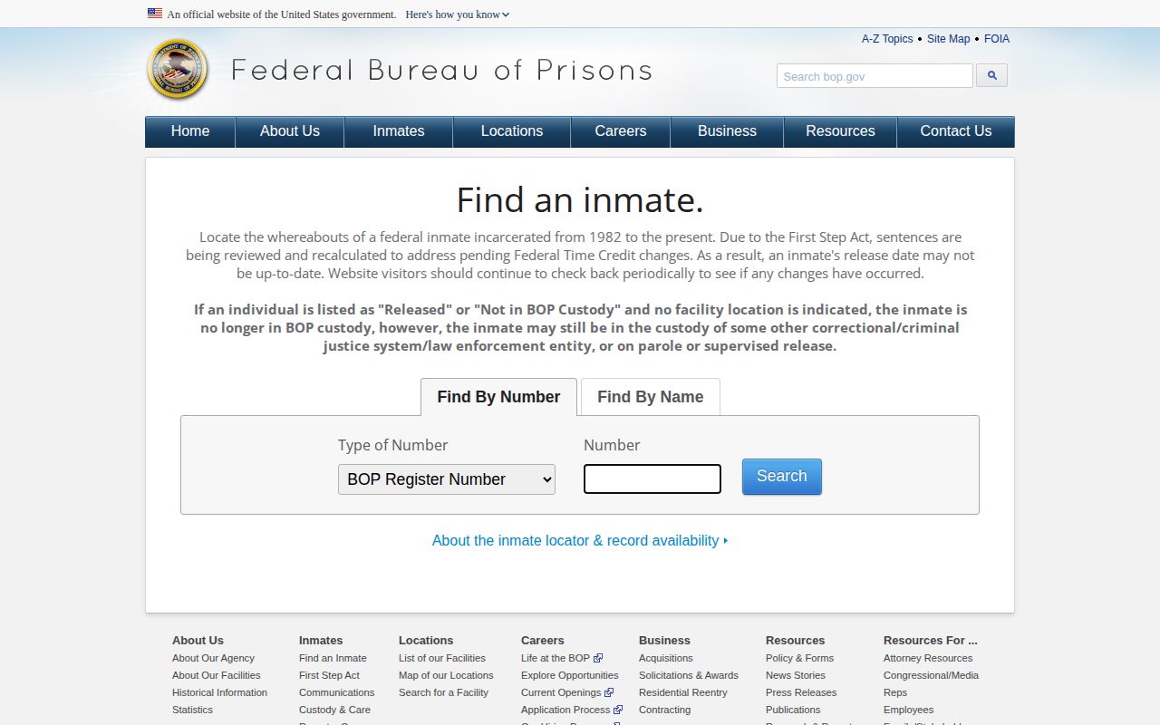 Federal Bureau of Prisons released person locator for a Giles County federal case