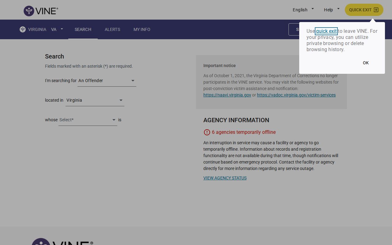 Virginia VINELink person search for a Giles County inmate release check